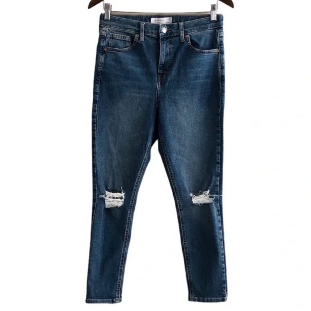 Topshop Jamie High Waist Skinny Fit Distressed Stretchy Denim Jeans Pants Blue